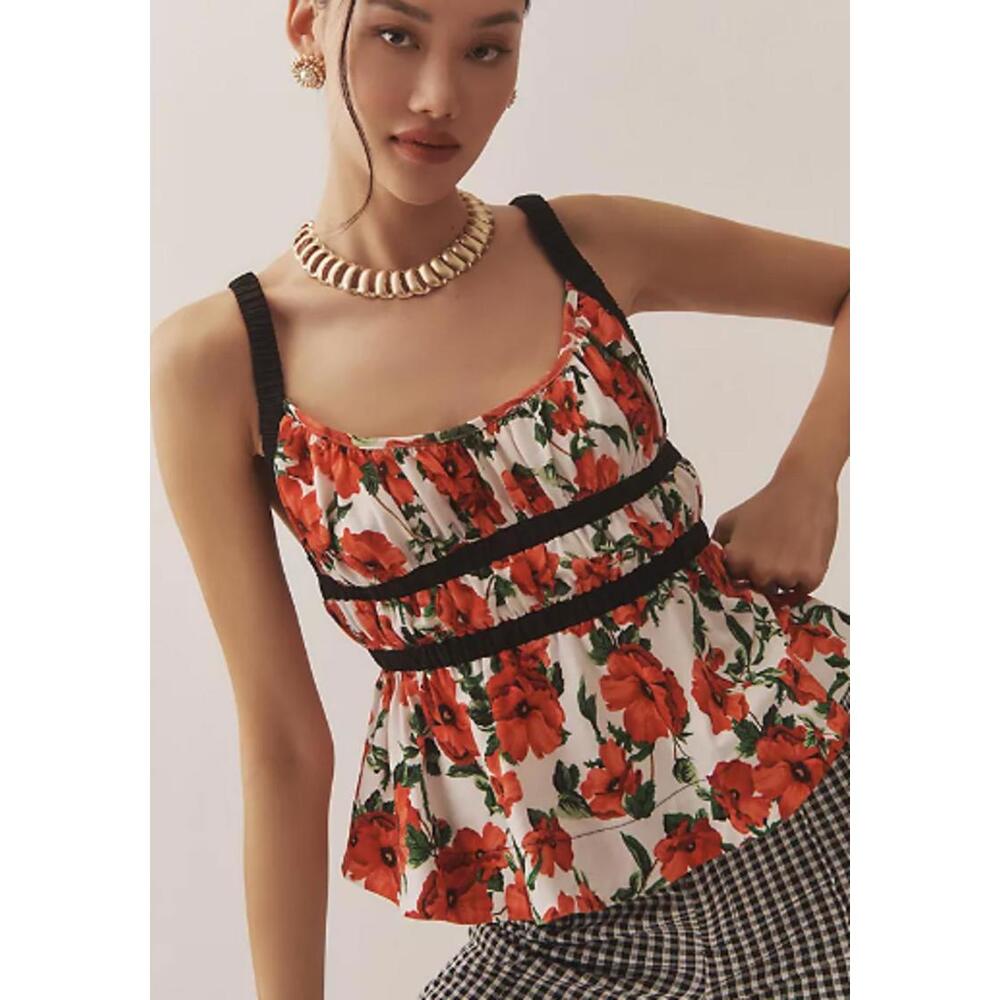 Maeve Red Floral Tank Top with Black Trim